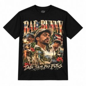 Camiseta preta Bad Bunny DTMF Debí Tirar Más Fotos com o Bad Bunny de boné