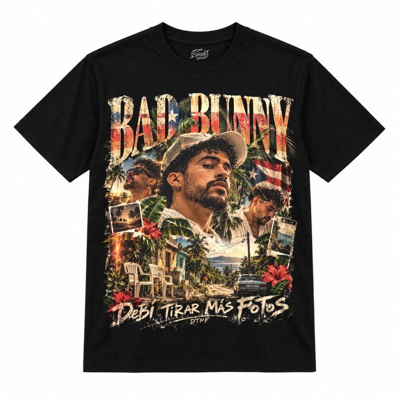 Camiseta preta Bad Bunny DTMF Debí Tirar Más Fotos com o Bad Bunny de boné
