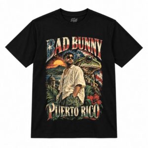 Camiseta preta Bad Bunny Puerto Rico Sapo Concho com o Bad Bunny de óculos escuros