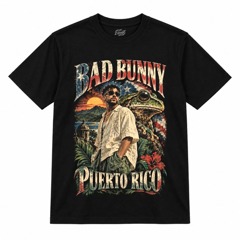 Camiseta preta Bad Bunny Puerto Rico Sapo Concho com o Bad Bunny de óculos escuros