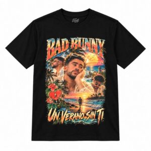 Camiseta preta Bad Bunny Un Verano Sin Ti com o Bad Bunny em três retratos