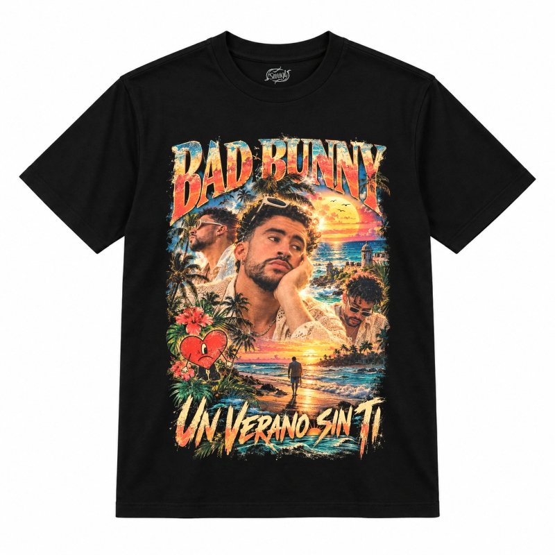 Camiseta preta Bad Bunny Un Verano Sin Ti com o Bad Bunny em três retratos