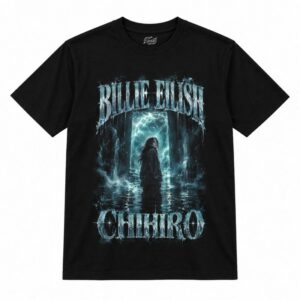 Camiseta preta Billie Eilish Chihiro com uma figura de cabelo longo dentro da água