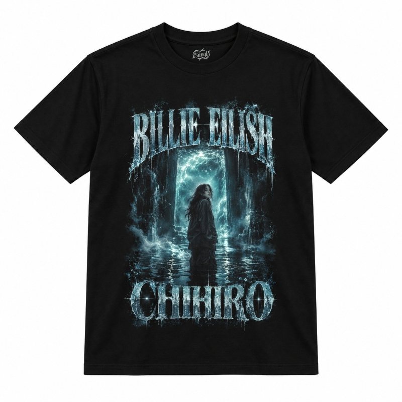 Camiseta preta Billie Eilish Chihiro com uma figura de cabelo longo dentro da água