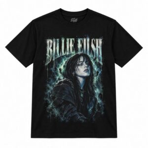 Camiseta preta Billie Eilish Ghost Neon Dream com a Billie Eilish de cabelo escuro e molhado