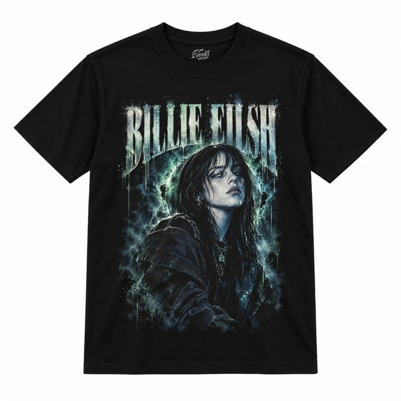 Camiseta preta Billie Eilish Ghost Neon Dream com a Billie Eilish de cabelo escuro e molhado