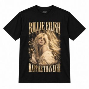 Camiseta preta Billie Eilish Happier Than Ever com a Billie Eilish de cabelo loiro