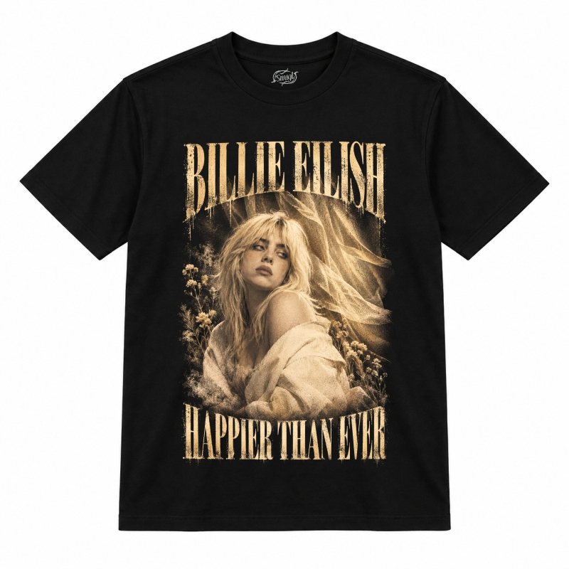 Camiseta preta Billie Eilish Happier Than Ever com a Billie Eilish de cabelo loiro