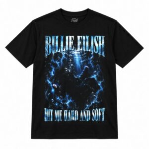 Camiseta preta Billie Eilish Hit Me Hard and Soft com uma figura de preto flutuando debaixo da água