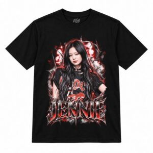 Camiseta preta BLACKPINK Jennie Midnight Spotlight com a Jennie de camiseta preta de banda