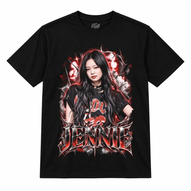 Camiseta preta BLACKPINK Jennie Midnight Spotlight com a Jennie de camiseta preta de banda