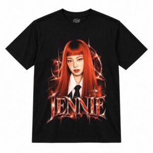 Camiseta preta BLACKPINK Jennie Red Hair Tie com a Jennie de cabelo vermelho