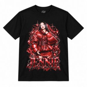 Camiseta preta BLACKPINK Jennie Red Puffer com a Jennie de jaqueta puffer vermelha brilhante