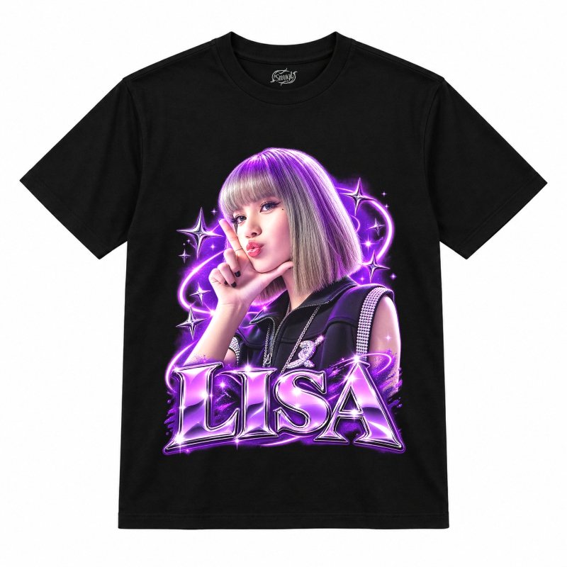 Camiseta preta BLACKPINK Lisa Purple Bob Pop com a Lisa de cabelo curto cinza-lilás