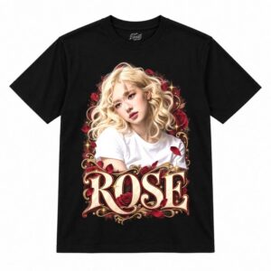 Camiseta preta BLACKPINK Rosé Blonde Curls com a Rosé de cabelo loiro cacheado