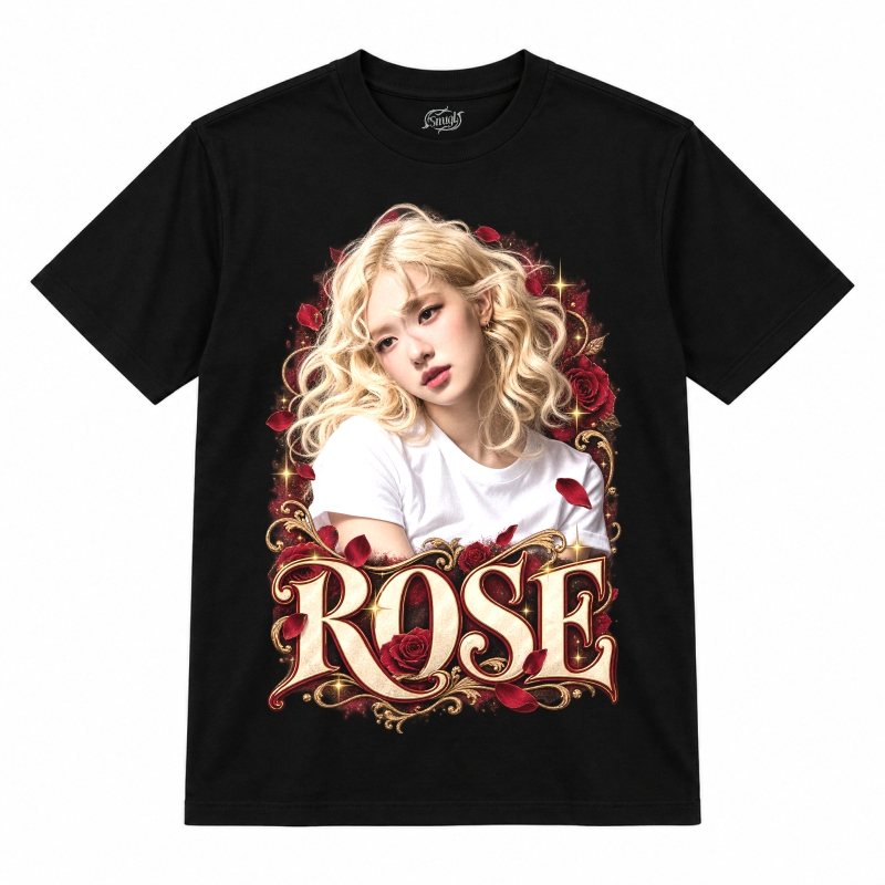 Camiseta preta BLACKPINK Rosé Blonde Curls com a Rosé de cabelo loiro cacheado