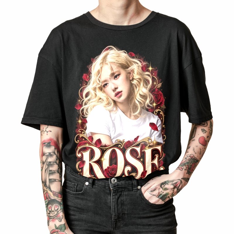 Pessoa vestindo a camiseta preta BLACKPINK Rosé Blonde Curls, em close da estampa