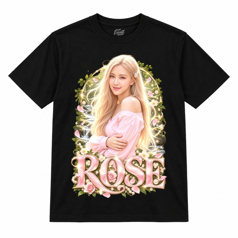 Camiseta preta BLACKPINK Rosé Forest Pink Blouse com a Rosé de blusa rosa