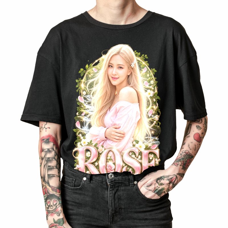 Pessoa vestindo a camiseta preta BLACKPINK Rosé Forest Pink Blouse, em close da estampa