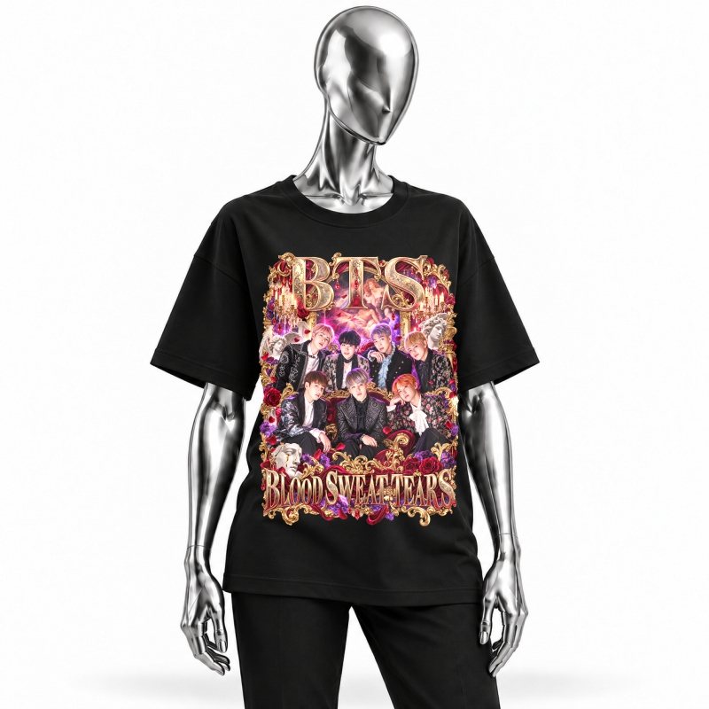 Camiseta preta BTS Blood Sweat & Tears vestida em manequim cromado