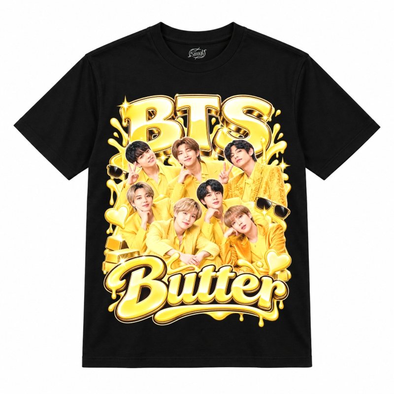 Camiseta preta BTS Butter Yellow Heist com os sete de amarelo e óculos escuros