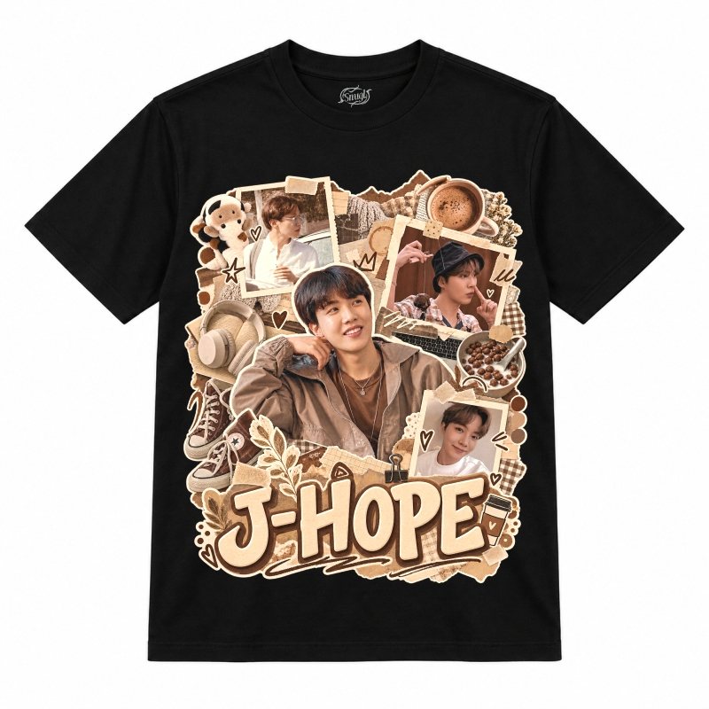 Camiseta preta BTS J-Hope Coffee Scrapbook com o J-Hope sorrindo de jaqueta marrom