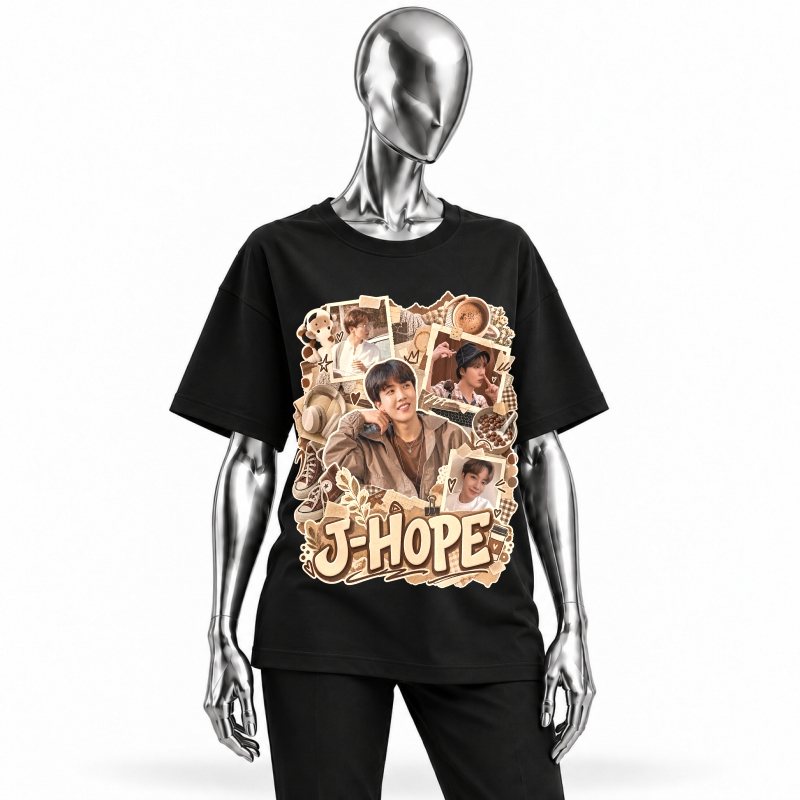 Camiseta preta BTS J-Hope Coffee Scrapbook vestida em manequim cromado