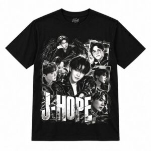 Camiseta preta BTS J-Hope Monochrome Wings com o J-Hope de jaqueta de couro