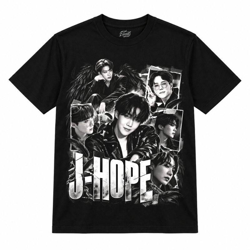 Camiseta preta BTS J-Hope Monochrome Wings com o J-Hope de jaqueta de couro