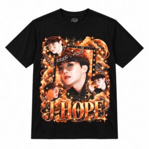 Camiseta preta BTS J-Hope Orange Cosmic Film com o J-Hope de óculos aviador