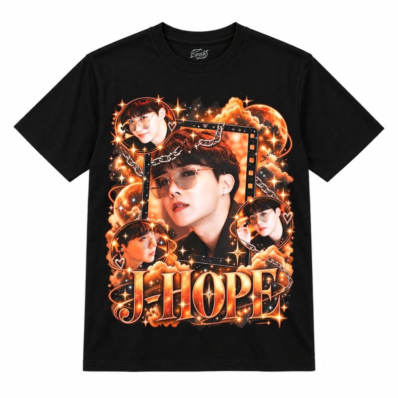 Camiseta preta BTS J-Hope Orange Cosmic Film com o J-Hope de óculos aviador