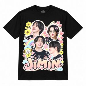 Camiseta preta BTS Jimin Cute Rainbow Hearts com o Jimin em quatro fotos sorrindo