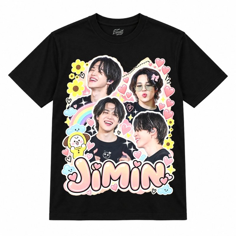 Camiseta preta BTS Jimin Cute Rainbow Hearts com o Jimin em quatro fotos sorrindo