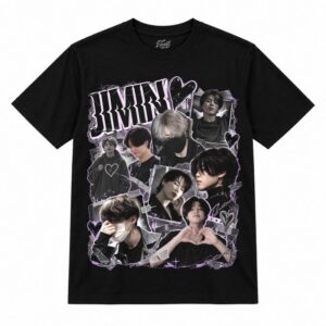Camiseta preta BTS Jimin Dark Alt Hearts com o Jimin em uma colagem escura de fotos
