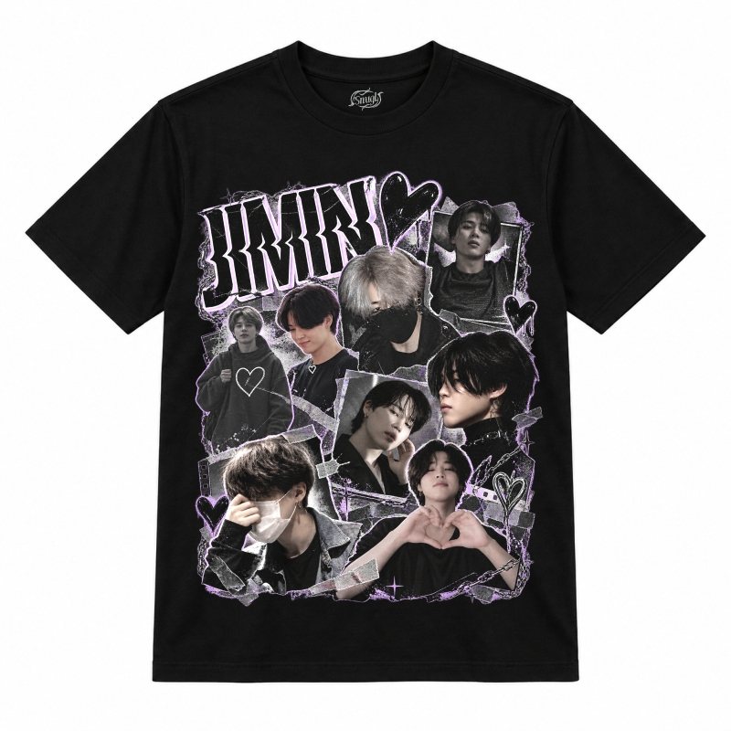 Camiseta preta BTS Jimin Dark Alt Hearts com o Jimin em uma colagem escura de fotos