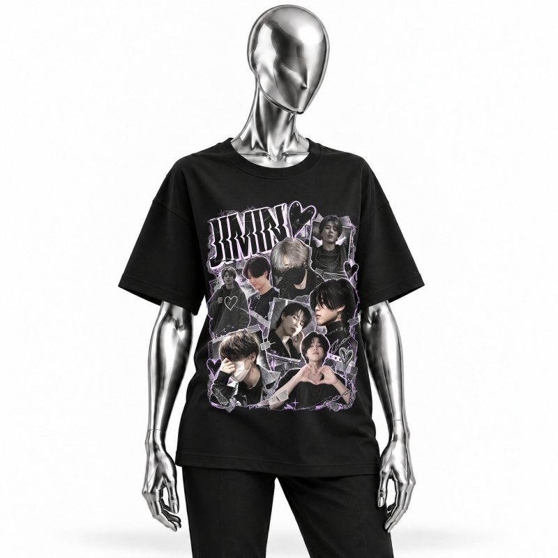 Camiseta preta BTS Jimin Dark Alt Hearts vestida em manequim cromado
