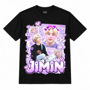 Camiseta preta BTS Jimin Lavender Pixel Chat com o Jimin de suéter