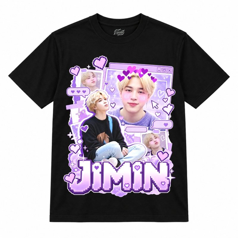 Camiseta preta BTS Jimin Lavender Pixel Chat com o Jimin de suéter