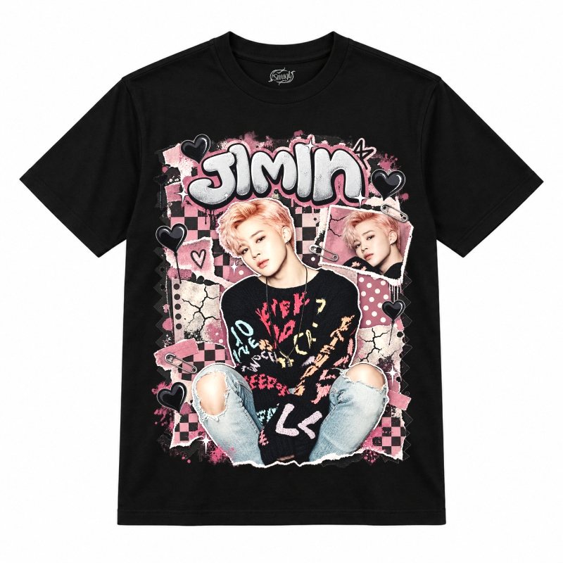 Camiseta preta BTS Jimin Pink Grunge Hearts com o Jimin de cabelo rosa-claro e suéter preto
