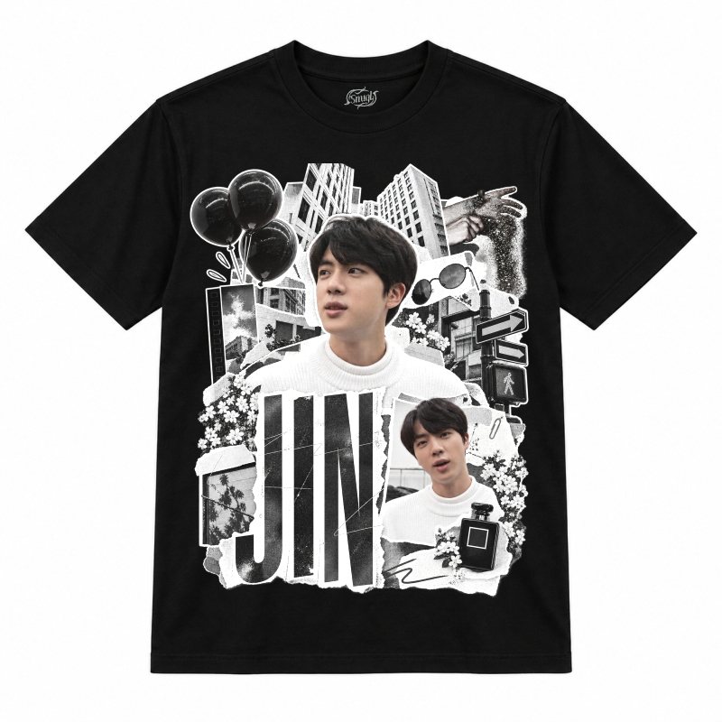 Camiseta preta BTS Jin Monochrome City Collage com o Jin de gola alta branca