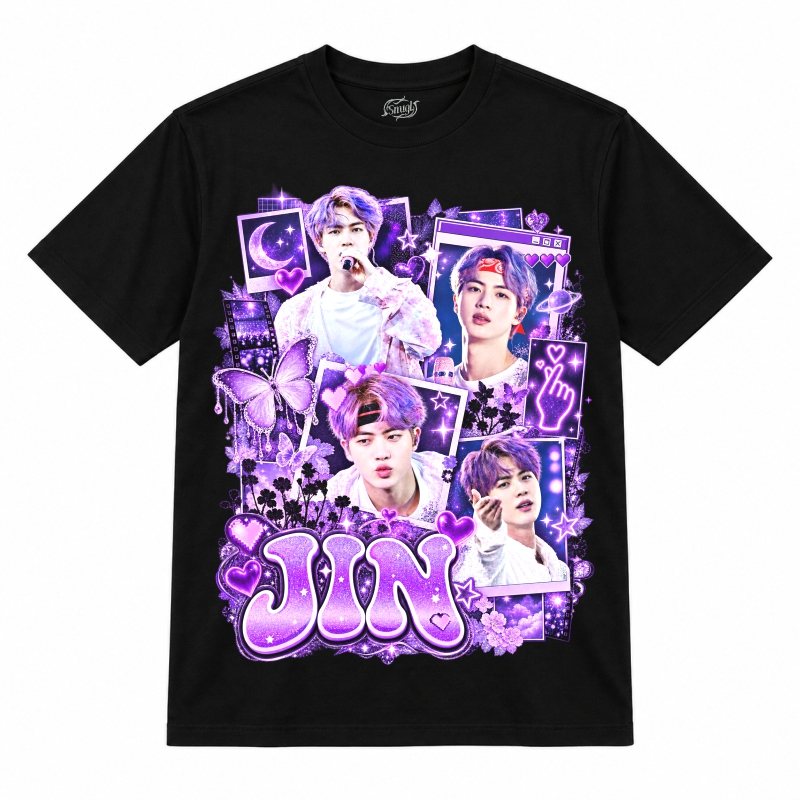 Camiseta preta BTS Jin Purple Y2K Epiphany com o Jin de cabelo roxo
