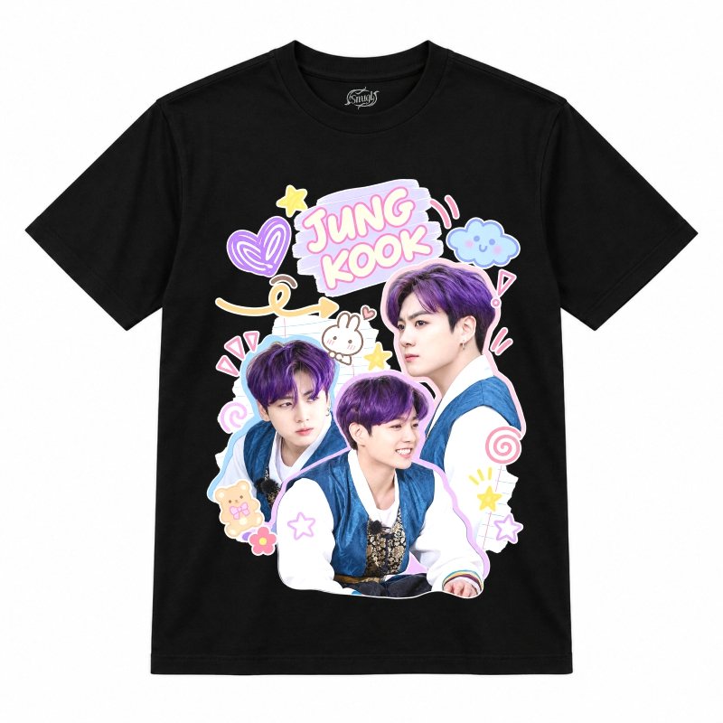 Camiseta preta BTS Jungkook Purple Notebook Doodles com o Jungkook de cabelo roxo