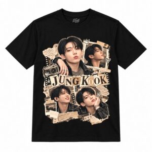 Camiseta preta BTS Jungkook Sepia Film Collage com o Jungkook de jaqueta de couro