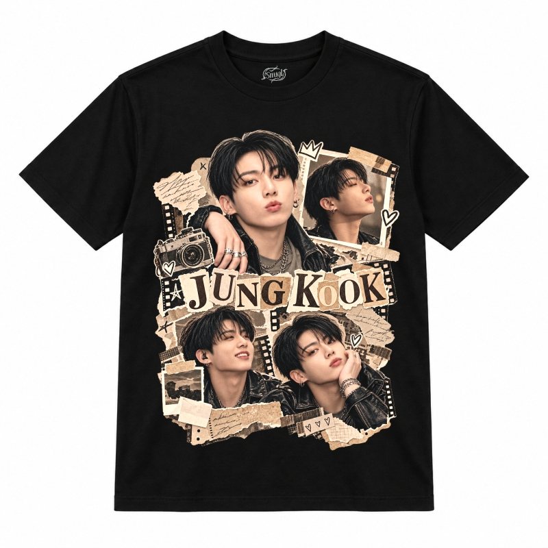 Camiseta preta BTS Jungkook Sepia Film Collage com o Jungkook de jaqueta de couro