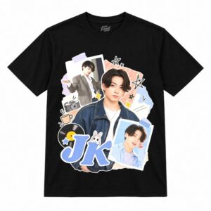Camiseta preta BTS Jungkook Soft Scrapbook com o Jungkook de jaqueta jeans
