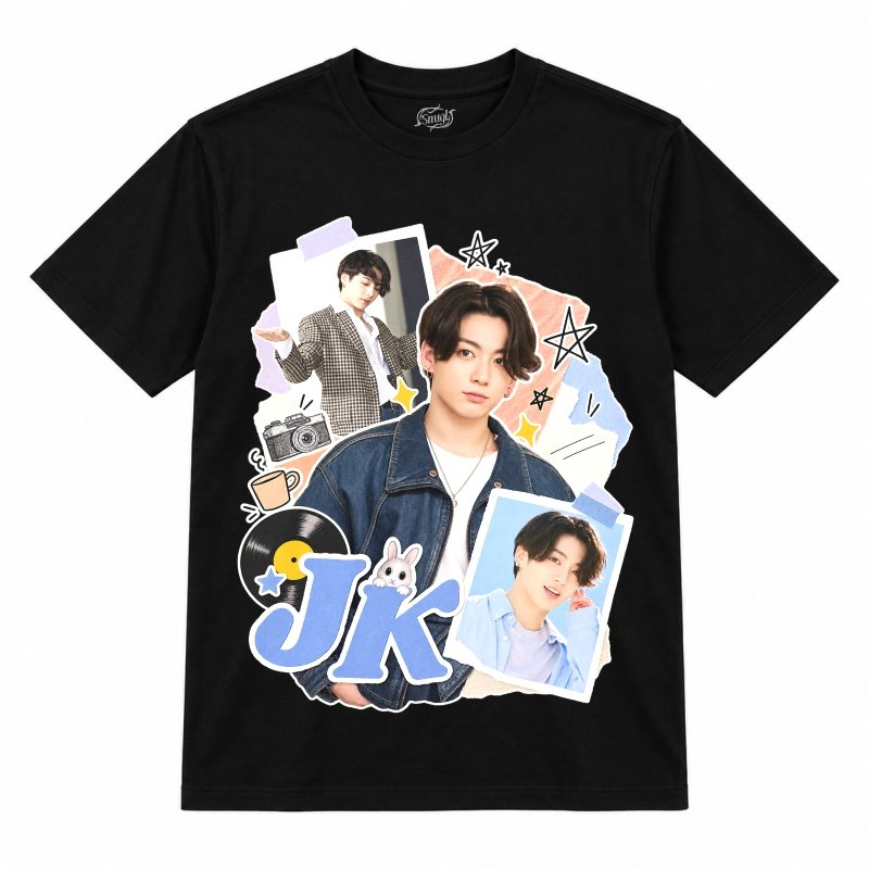 Camiseta preta BTS Jungkook Soft Scrapbook com o Jungkook de jaqueta jeans