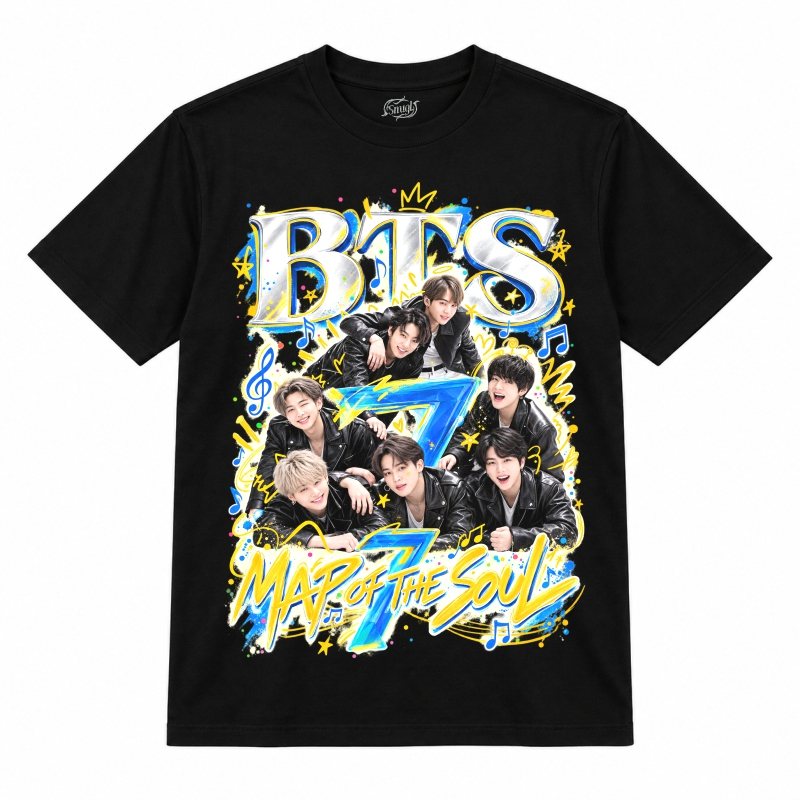 Camiseta preta BTS Map of the Soul com os sete de jaquetas de couro preto