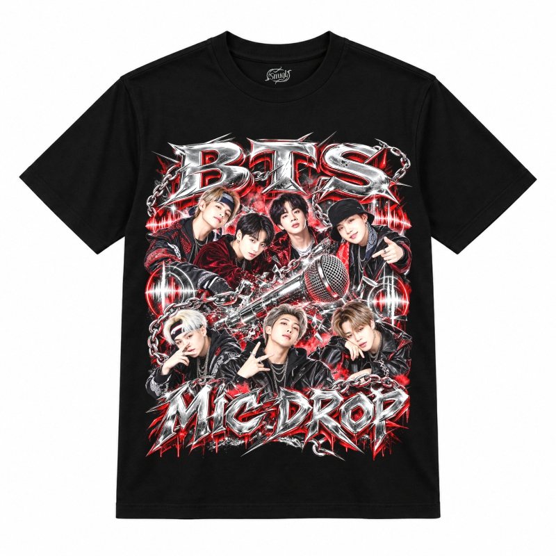 Camiseta preta BTS Mic Drop com os sete de couro preto e vermelho