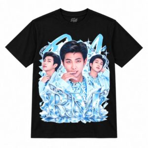 Camiseta preta BTS RM Ice Blue Triad com o RM em três fotos