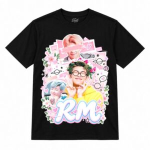 Camiseta preta BTS RM Pink Cute Collage com o RM de óculos redondos e coroa de flores